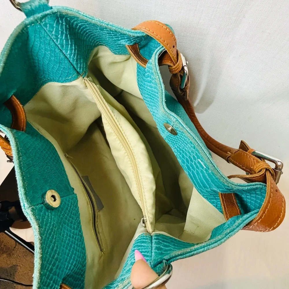 Borse in Pelle Italian Turquoise Snakeskin Embossed Leather Tote Shoulder Bag